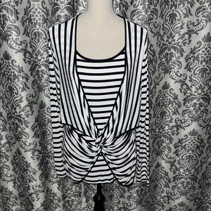 Michael Kors Black White Striped Front Twist Long Sleeve Top